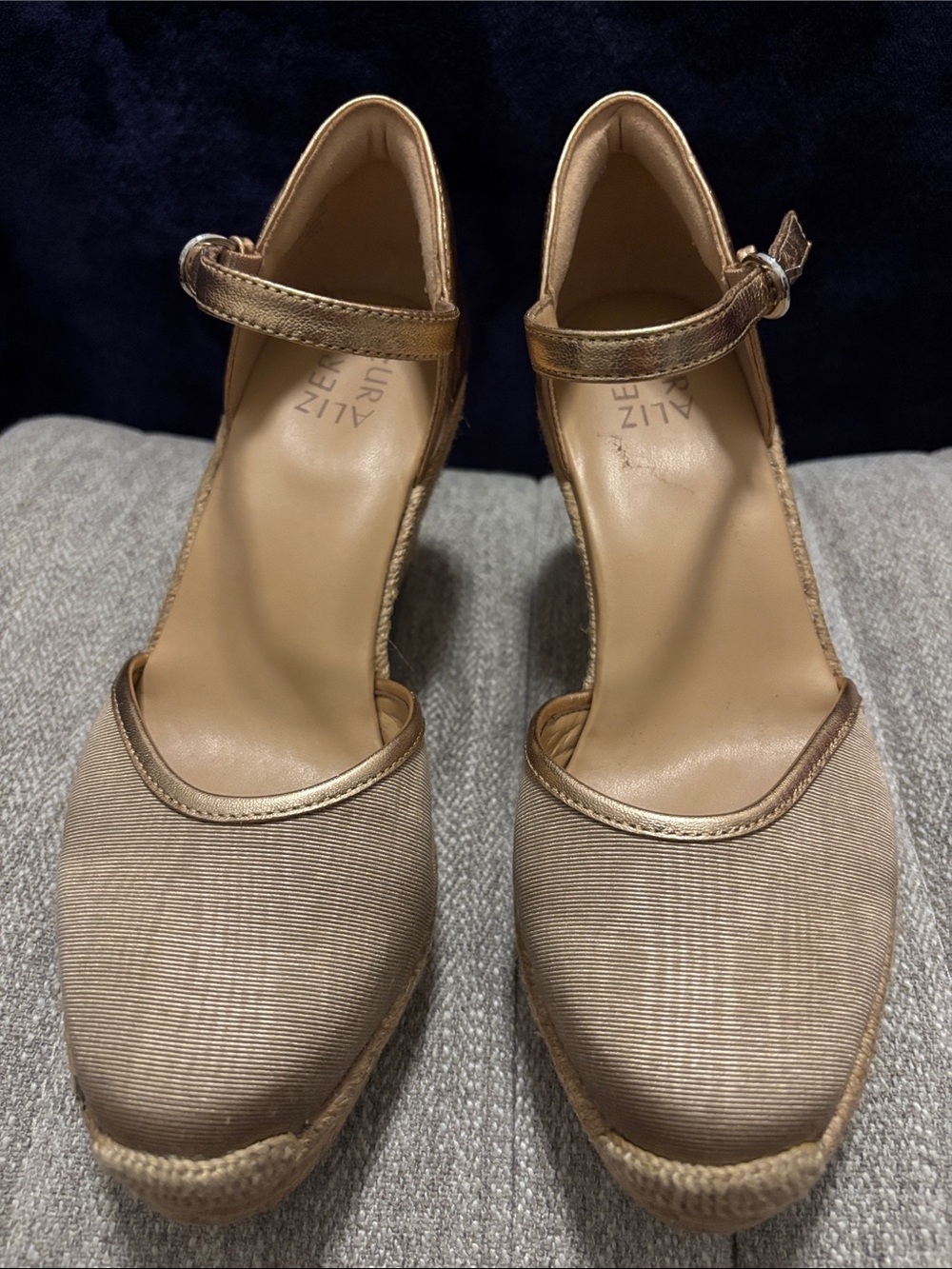 Naturalizer Metallic Gold Ankle-Strap Espadrille Wedges size 8.5